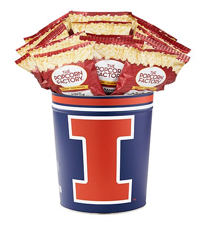 3 Gallon University of Illinois Popcorn Tin with 15 Bags of Popcorn